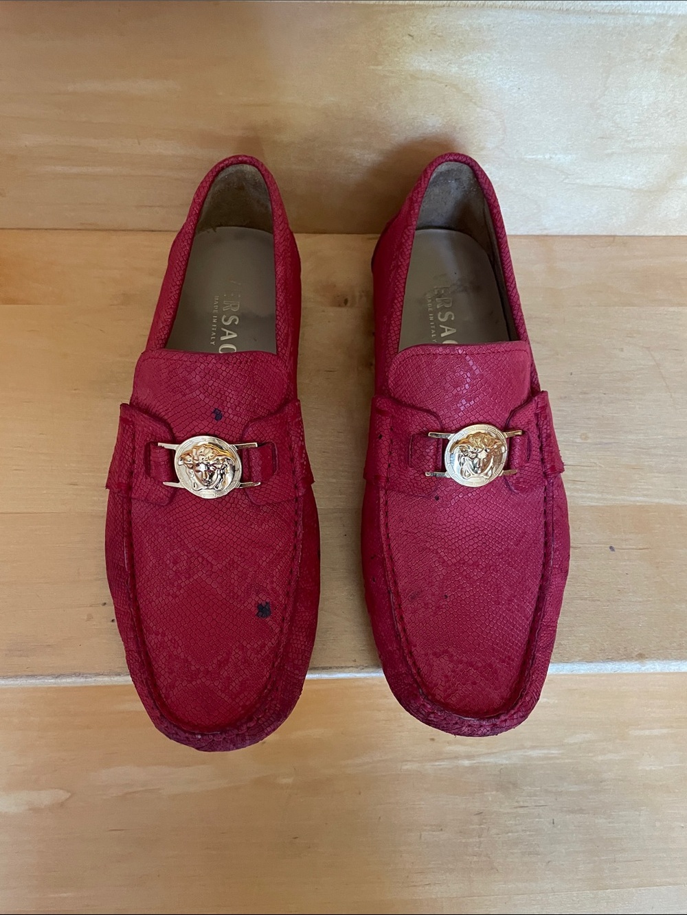Versace Red Men's Slip-On Loafers with Gold Medusa Emblem